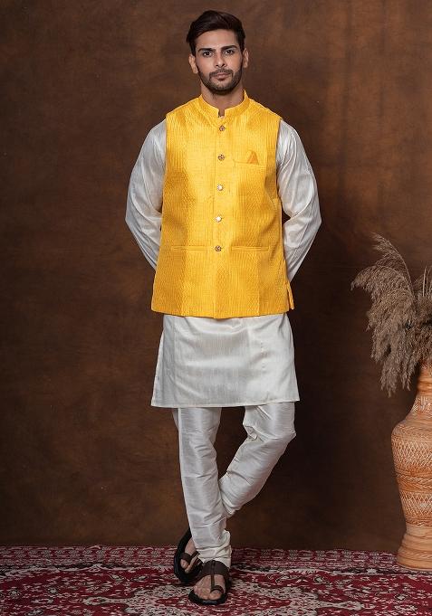 Golden Embroidered Silk Blend Kurta Jacket Churidar Set For Men