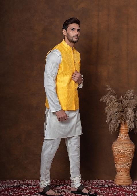 Golden Embroidered Silk Blend Kurta Jacket Churidar Set For Men