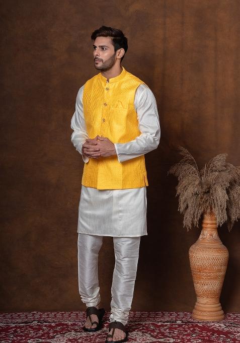 Golden Embroidered Silk Blend Kurta Jacket Churidar Set For Men