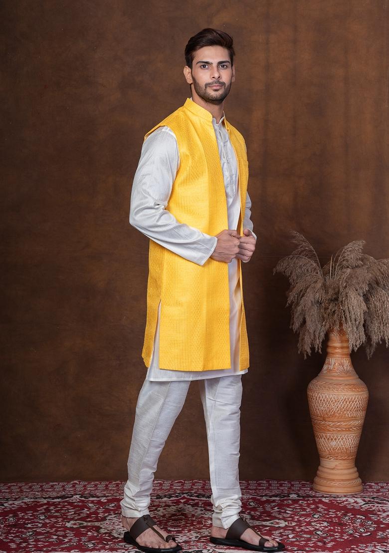 Golden Embroidered Silk Blend Kurta Jacket Churidar Set For Men