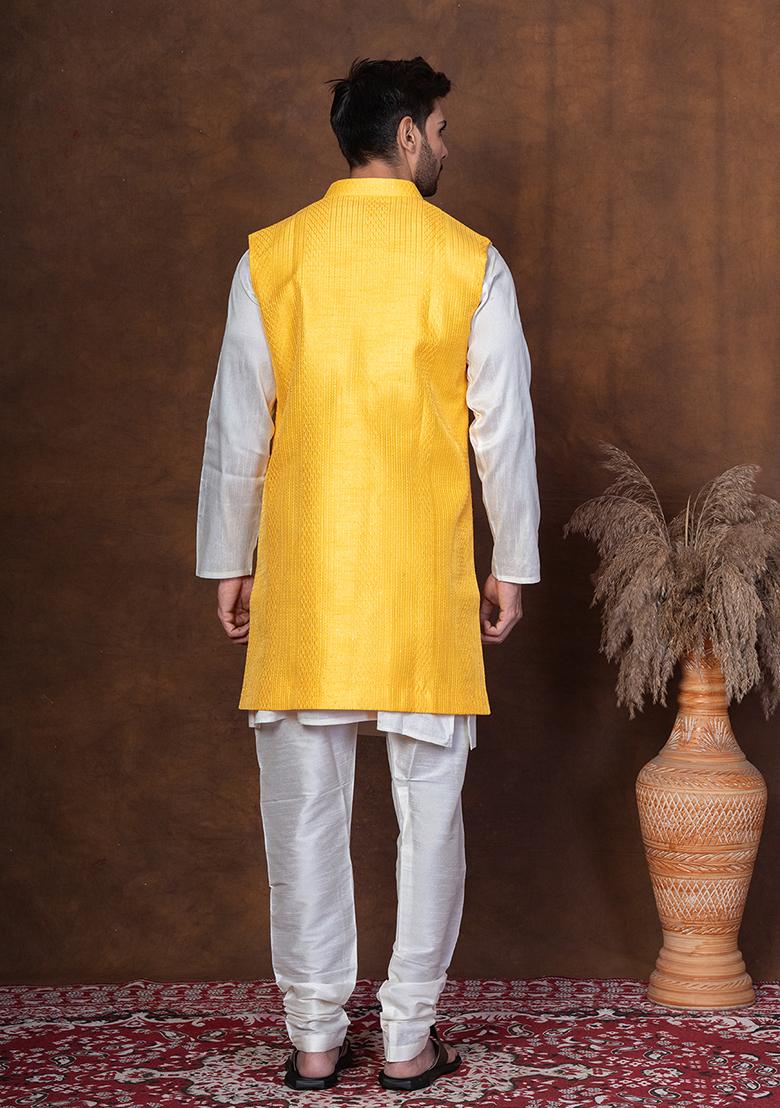 Golden Embroidered Silk Blend Kurta Jacket Churidar Set For Men