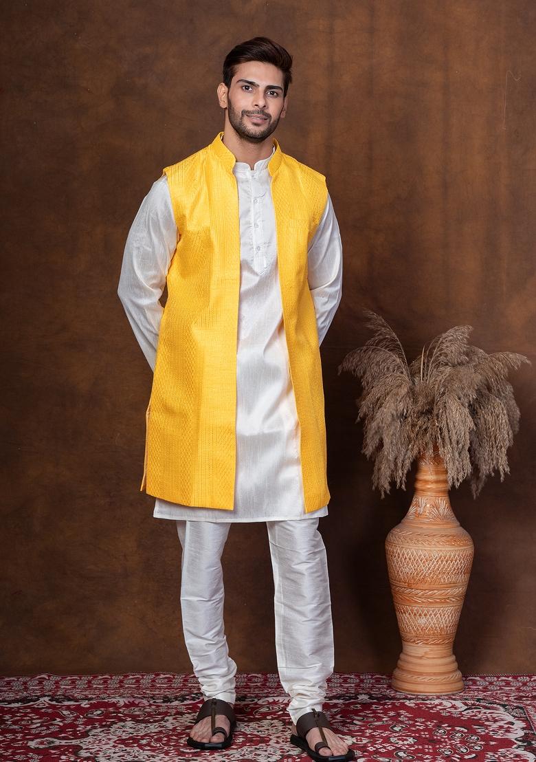 Golden Embroidered Silk Blend Kurta Jacket Churidar Set For Men