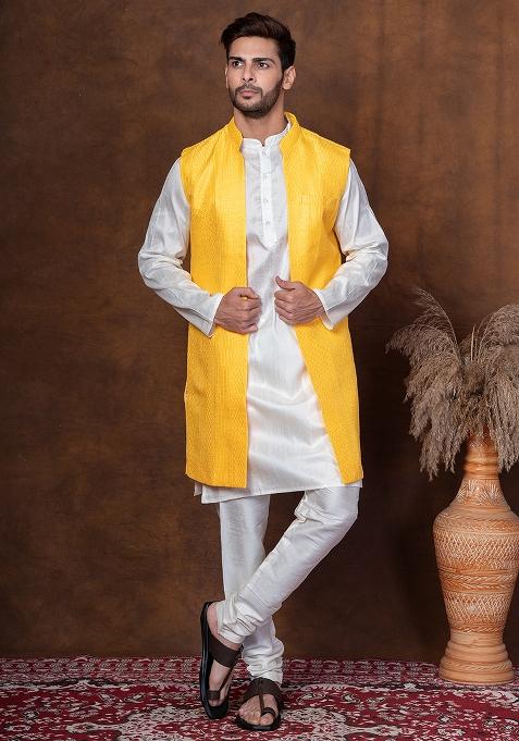 Golden Embroidered Silk Blend Kurta Jacket Churidar Set For Men