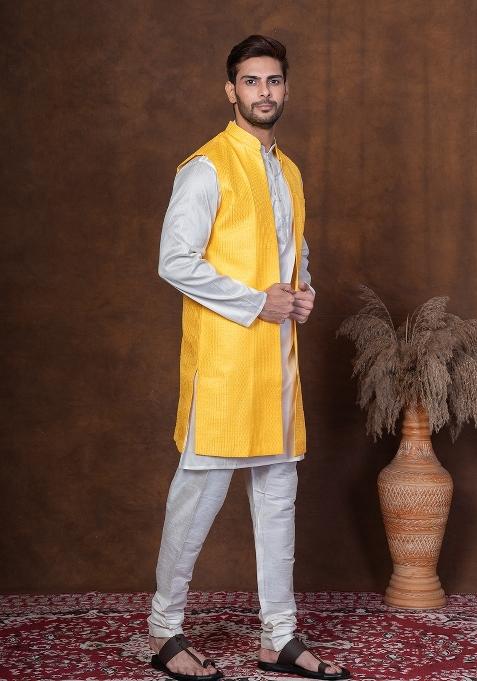 Golden Embroidered Silk Blend Kurta Jacket Churidar Set For Men