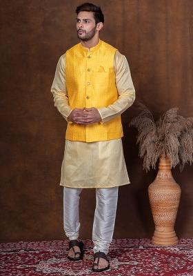 Yellow Solid Dupion Kurta Jacket Churidar Set For Men