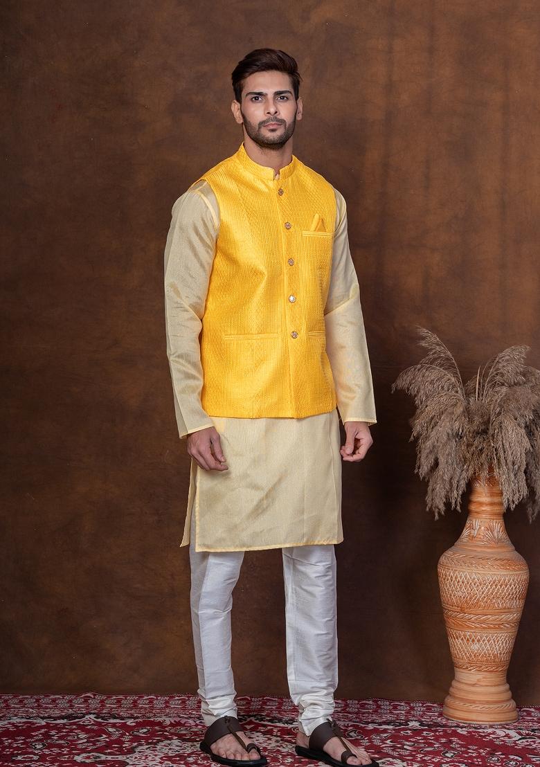 Yellow Solid Dupion Kurta Jacket Churidar Set For Men