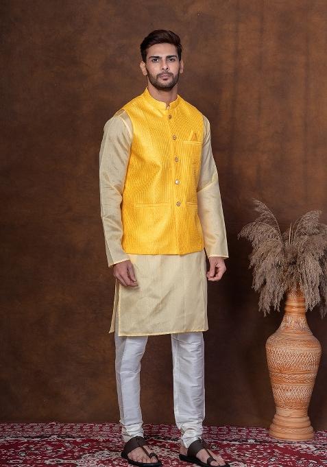 Yellow Solid Dupion Kurta Jacket Churidar Set For Men