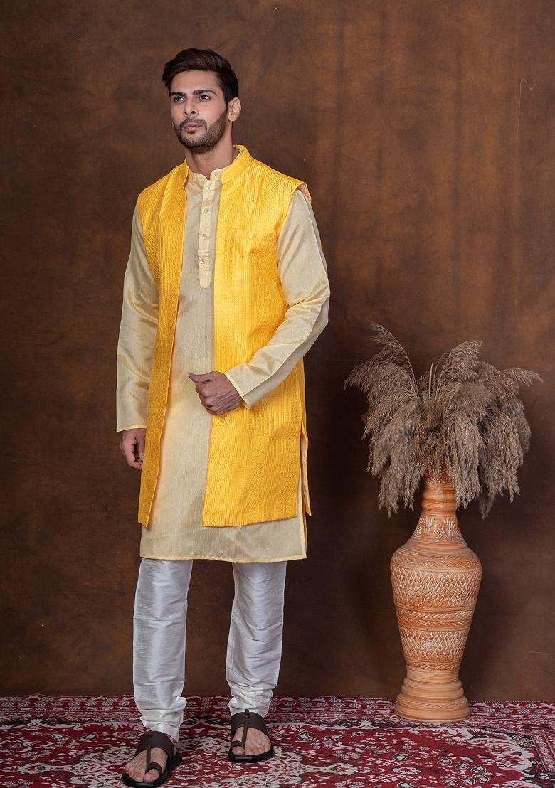 Yellow Solid Dupion Kurta Jacket Churidar Set For Men