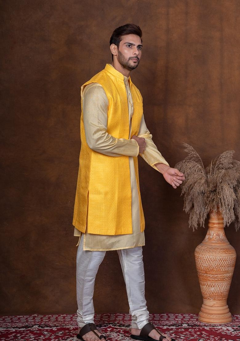 Yellow Solid Dupion Kurta Jacket Churidar Set For Men