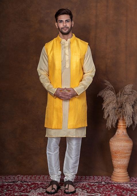Yellow Solid Dupion Kurta Jacket Churidar Set For Men