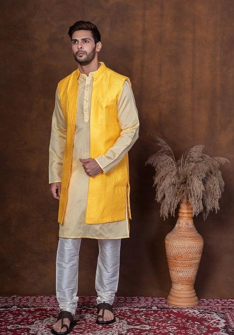 Yellow Solid Dupion Kurta Jacket Churidar Set For Men