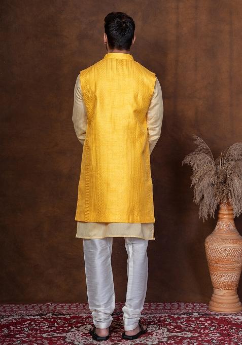 Yellow Solid Dupion Kurta Jacket Churidar Set For Men