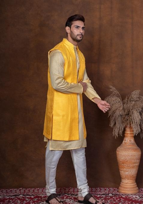 Yellow Solid Dupion Kurta Jacket Churidar Set For Men