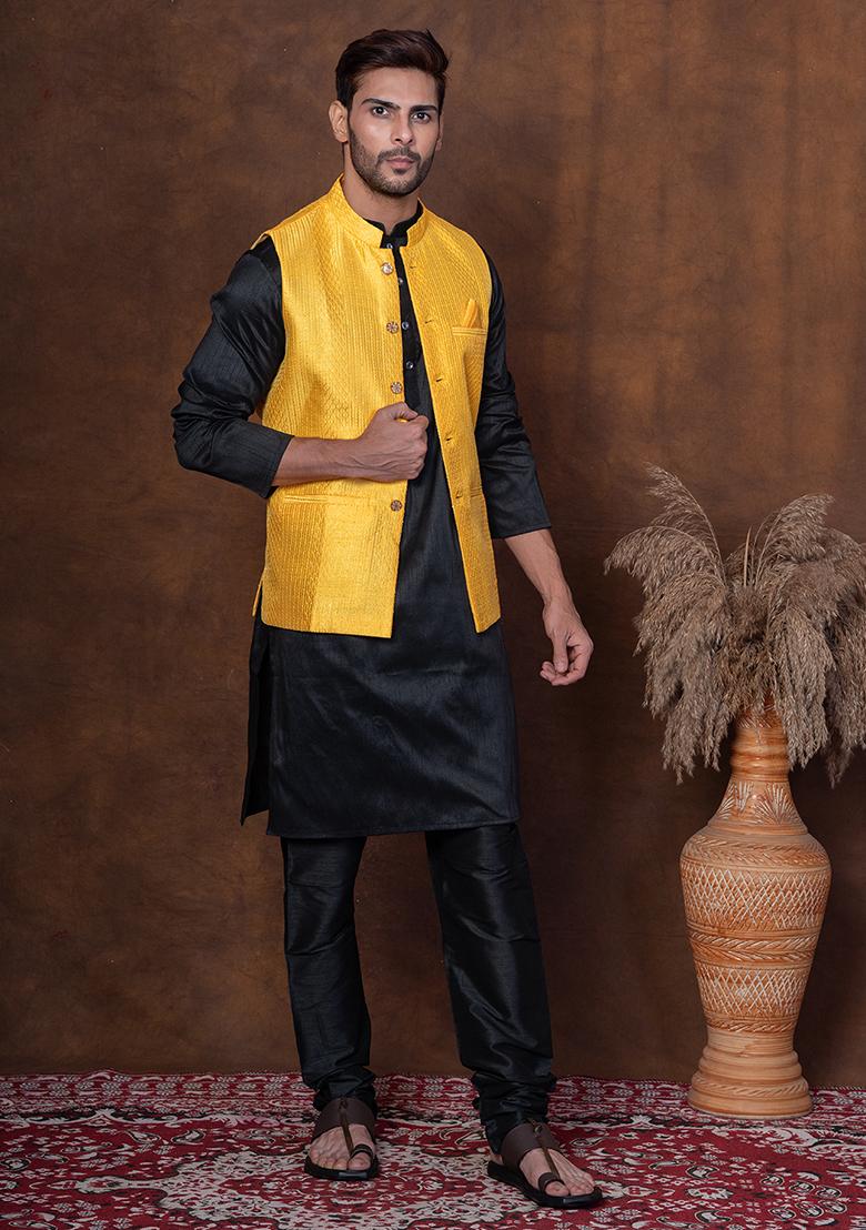 Black Solid Dupion Kurta Jacket Churidar Set For Men
