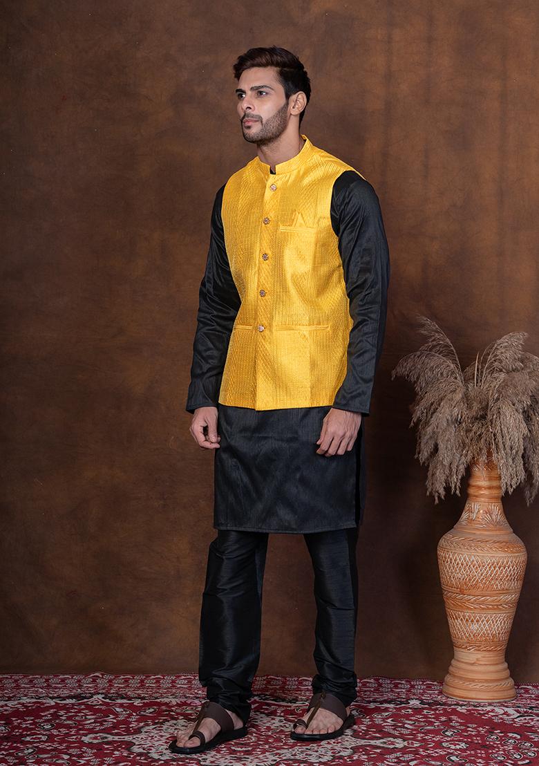 Black Solid Dupion Kurta Jacket Churidar Set For Men