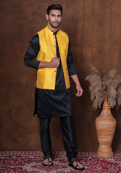 Black Solid Dupion Kurta Jacket Churidar Set For Men