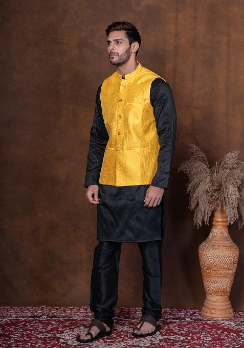 Black Solid Dupion Kurta Jacket Churidar Set For Men