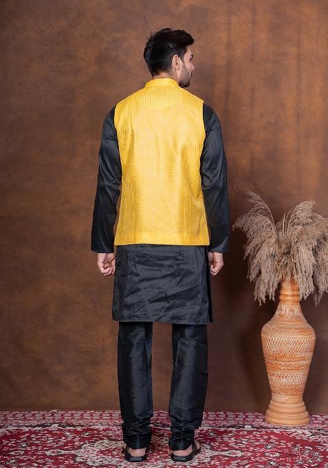 Black Solid Dupion Kurta Jacket Churidar Set For Men