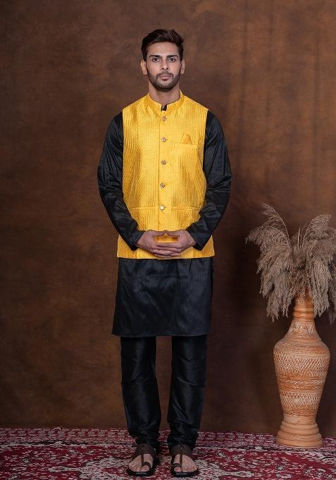 Black Solid Dupion Kurta Jacket Churidar Set For Men