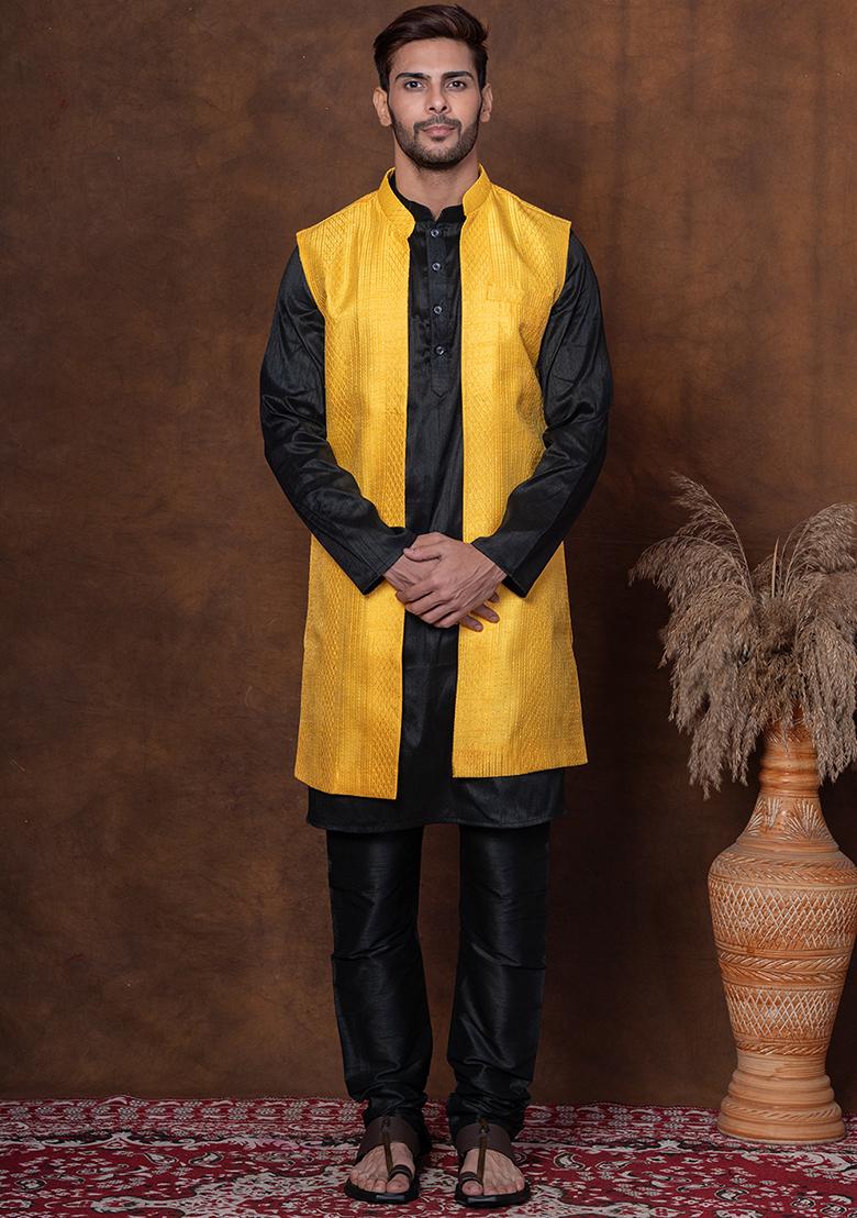 Black Solid Dupion Kurta Jacket Churidar Set For Men