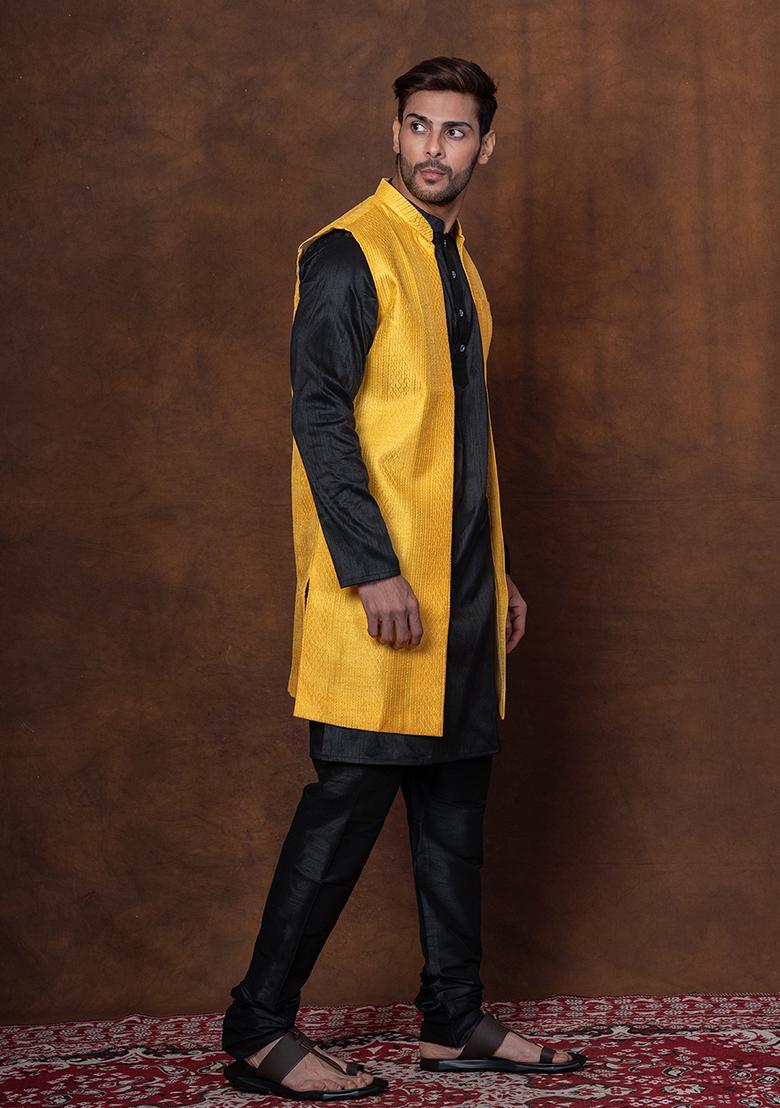 Black Solid Dupion Kurta Jacket Churidar Set For Men