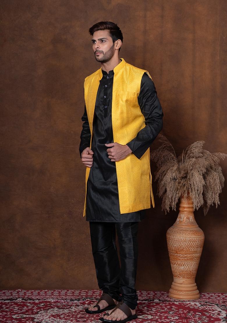 Black Solid Dupion Kurta Jacket Churidar Set For Men