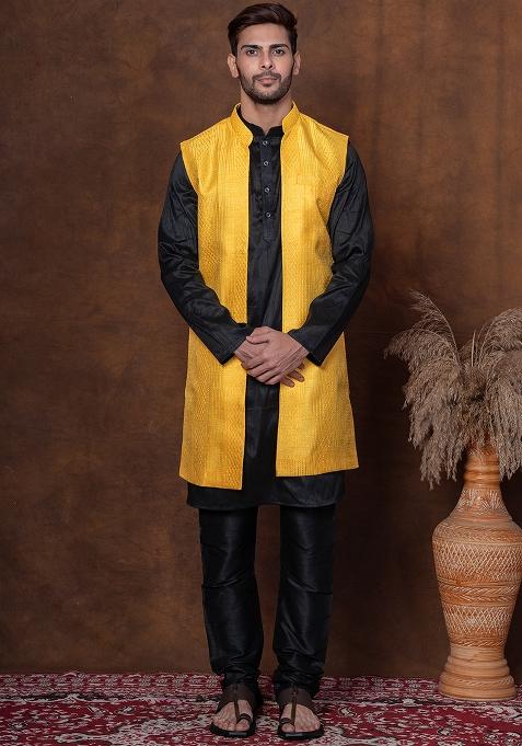 Black Solid Dupion Kurta Jacket Churidar Set For Men
