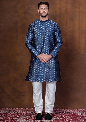 Navy Blue Printed Dupion Kurta Patiala Set For Men