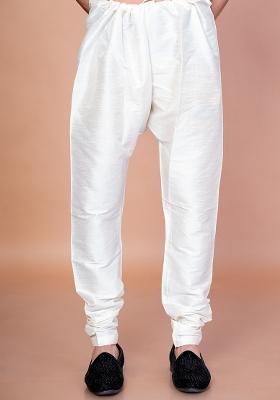 Cream Solid Banarasi Silk Churidar For Men