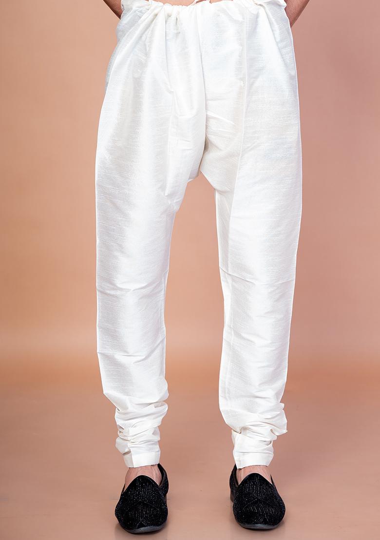 Cream Solid Banarasi Silk Churidar For Men