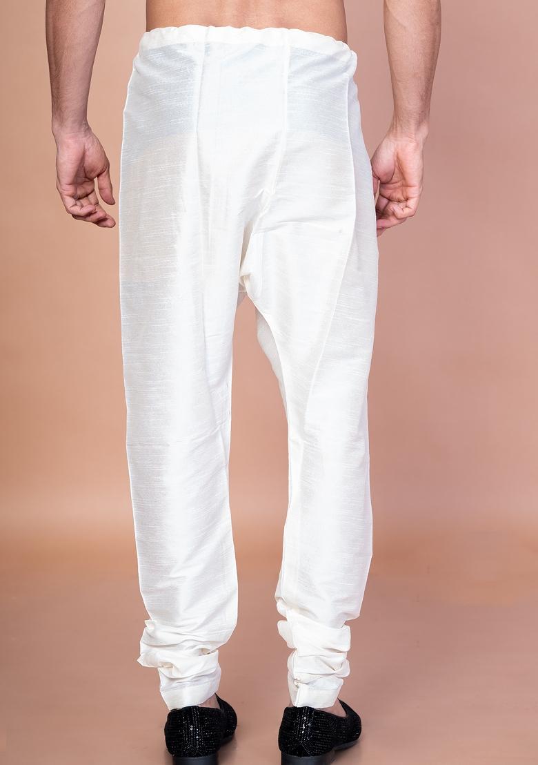 Cream Solid Banarasi Silk Churidar For Men