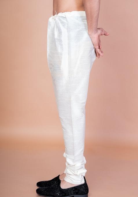 Cream Solid Banarasi Silk Churidar For Men