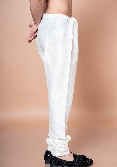 Cream Solid Banarasi Silk Churidar For Men