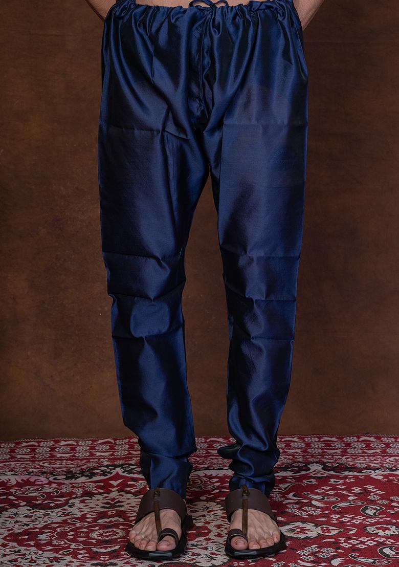 Navy Blue Solid Banarasi Silk Churidar For Men