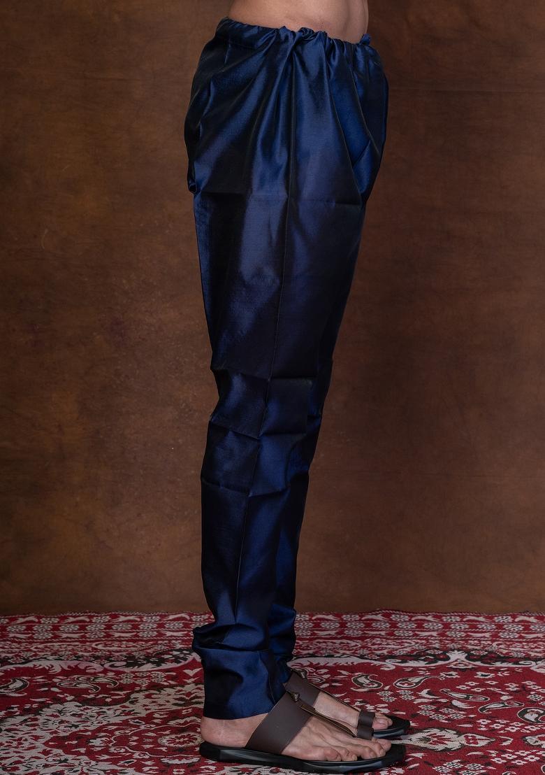 Navy Blue Solid Banarasi Silk Churidar For Men