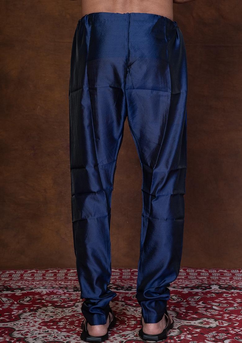 Navy Blue Solid Banarasi Silk Churidar For Men