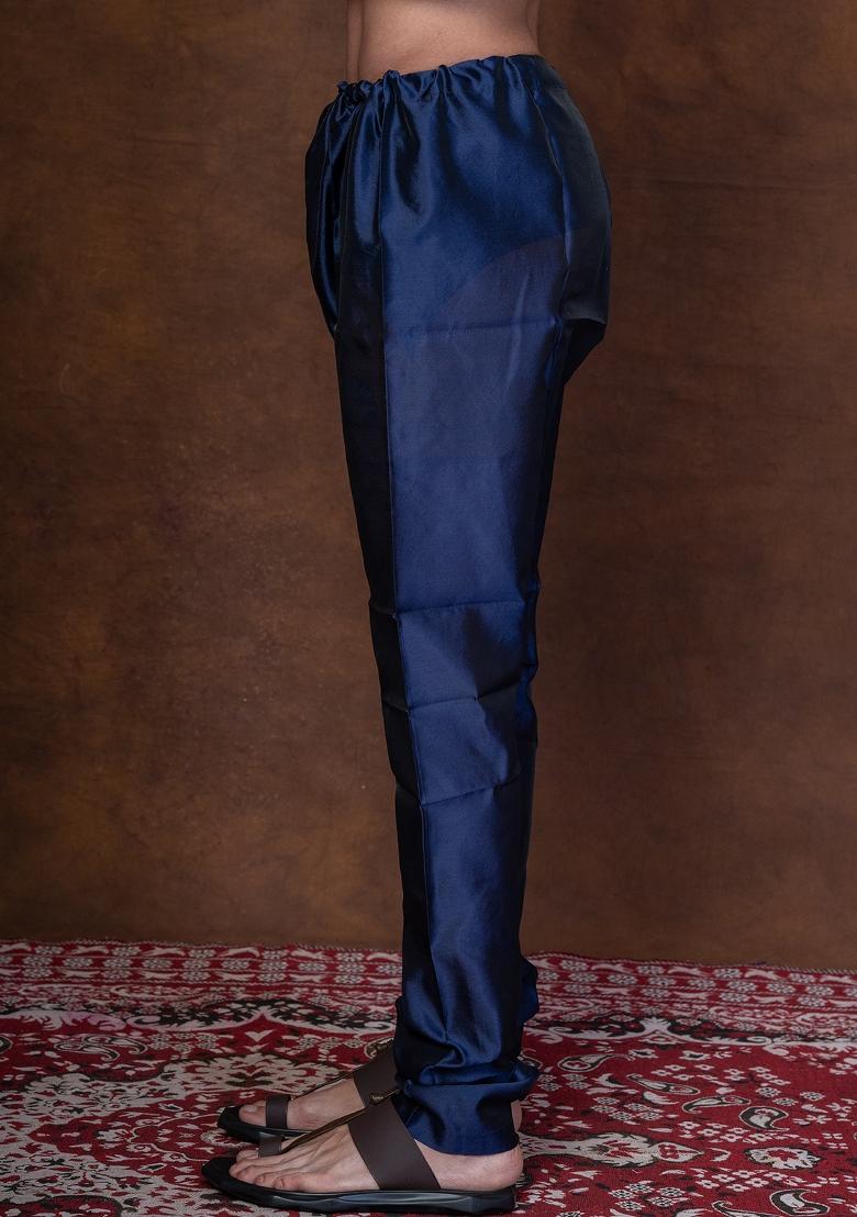 Navy Blue Solid Banarasi Silk Churidar For Men