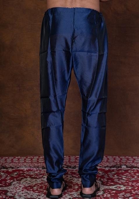 Navy Blue Solid Banarasi Silk Churidar For Men