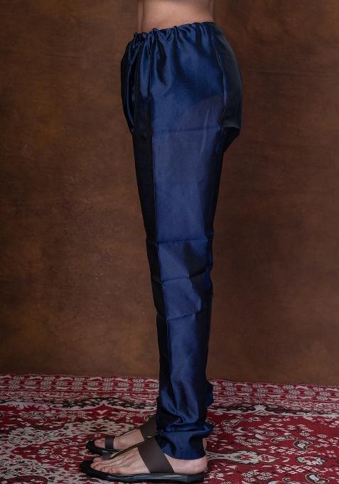 Navy Blue Solid Banarasi Silk Churidar For Men