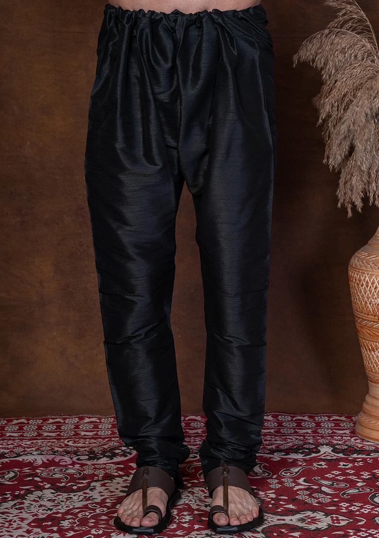 Black Solid Banarasi Silk Churidar For Men