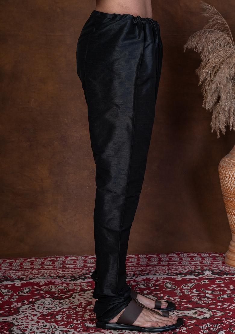 Black Solid Banarasi Silk Churidar For Men