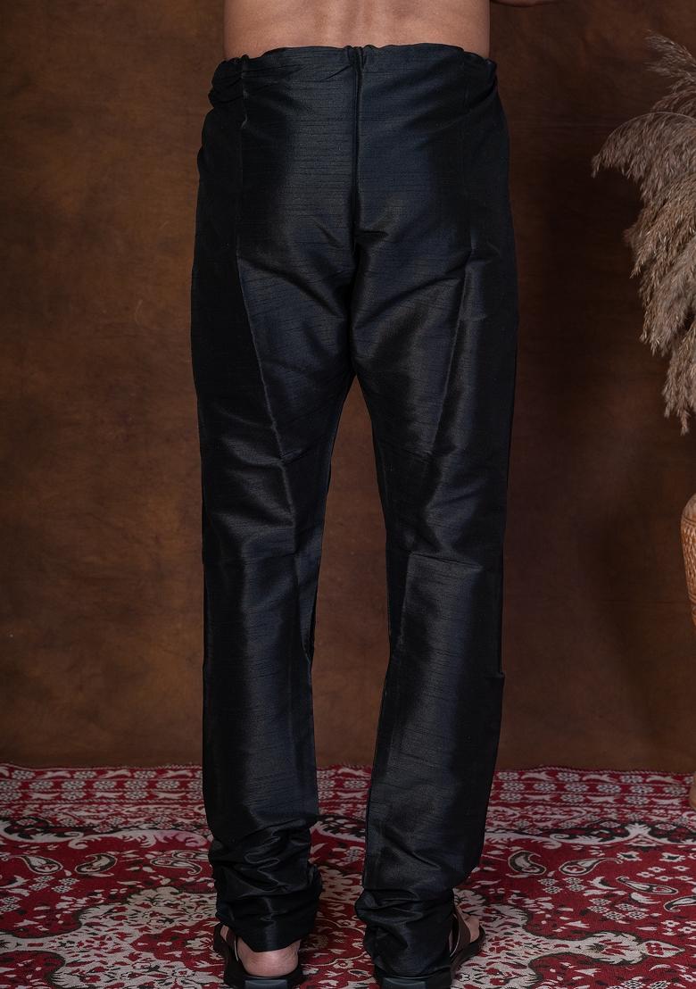 Black Solid Banarasi Silk Churidar For Men
