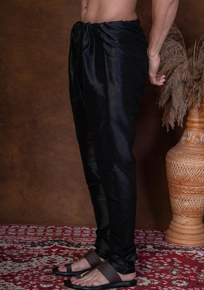 Black Solid Banarasi Silk Churidar For Men