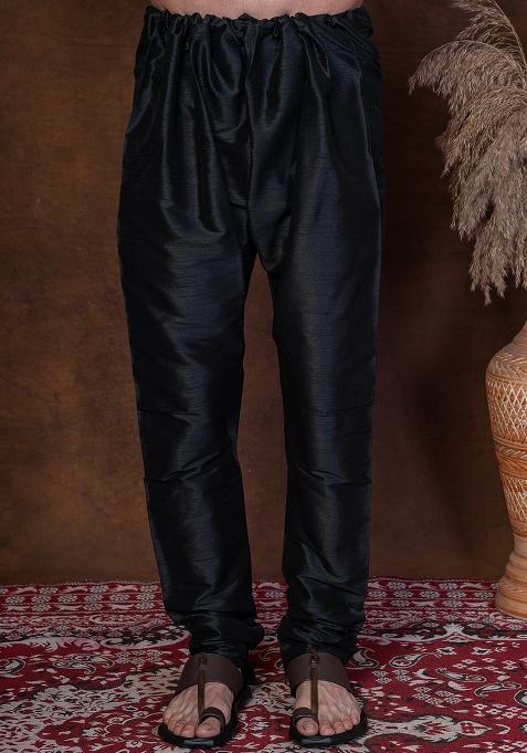 Black Solid Banarasi Silk Churidar For Men