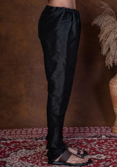 Black Solid Banarasi Silk Churidar For Men