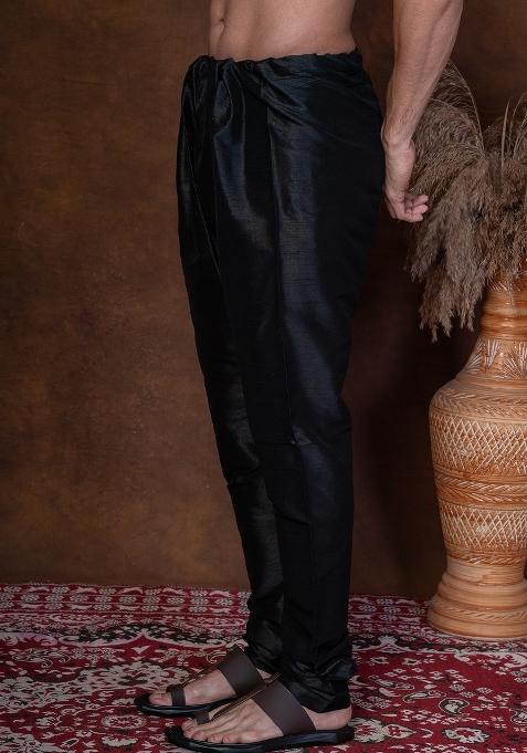 Black Solid Banarasi Silk Churidar For Men