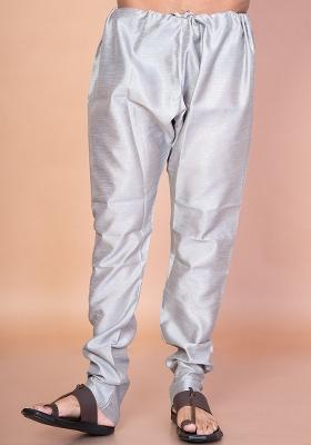 Grey Solid Banarasi Silk Churidar For Men