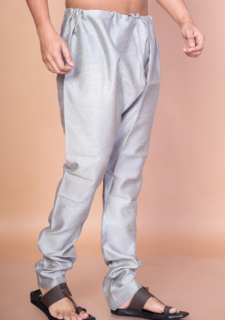 Grey Solid Banarasi Silk Churidar For Men
