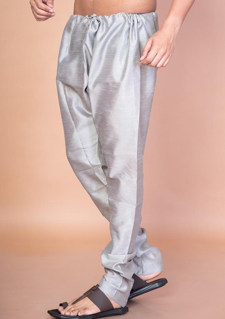 Grey Solid Banarasi Silk Churidar For Men