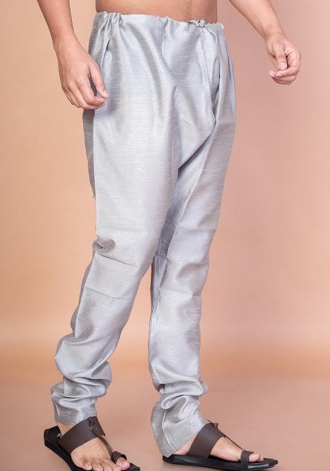 Grey Solid Banarasi Silk Churidar For Men